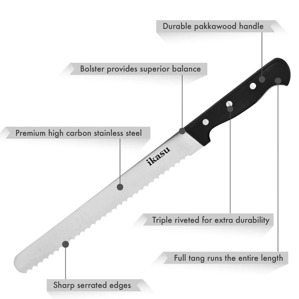 ikasu 10 inch Bread Knife | Sharp Stainless Steel Serrated Edges, Full Tang Blade | Durable Handle