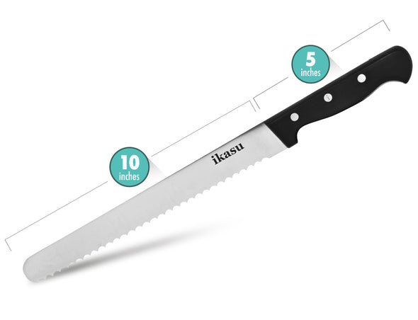 ikasu 10 inch Bread Knife | Sharp Stainless Steel Serrated Edges, Full Tang Blade | Durable Handle