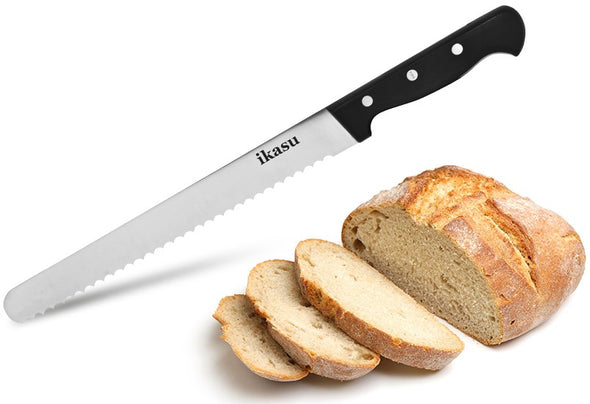 ikasu 10 inch Bread Knife | Sharp Stainless Steel Serrated Edges, Full Tang Blade | Durable Handle